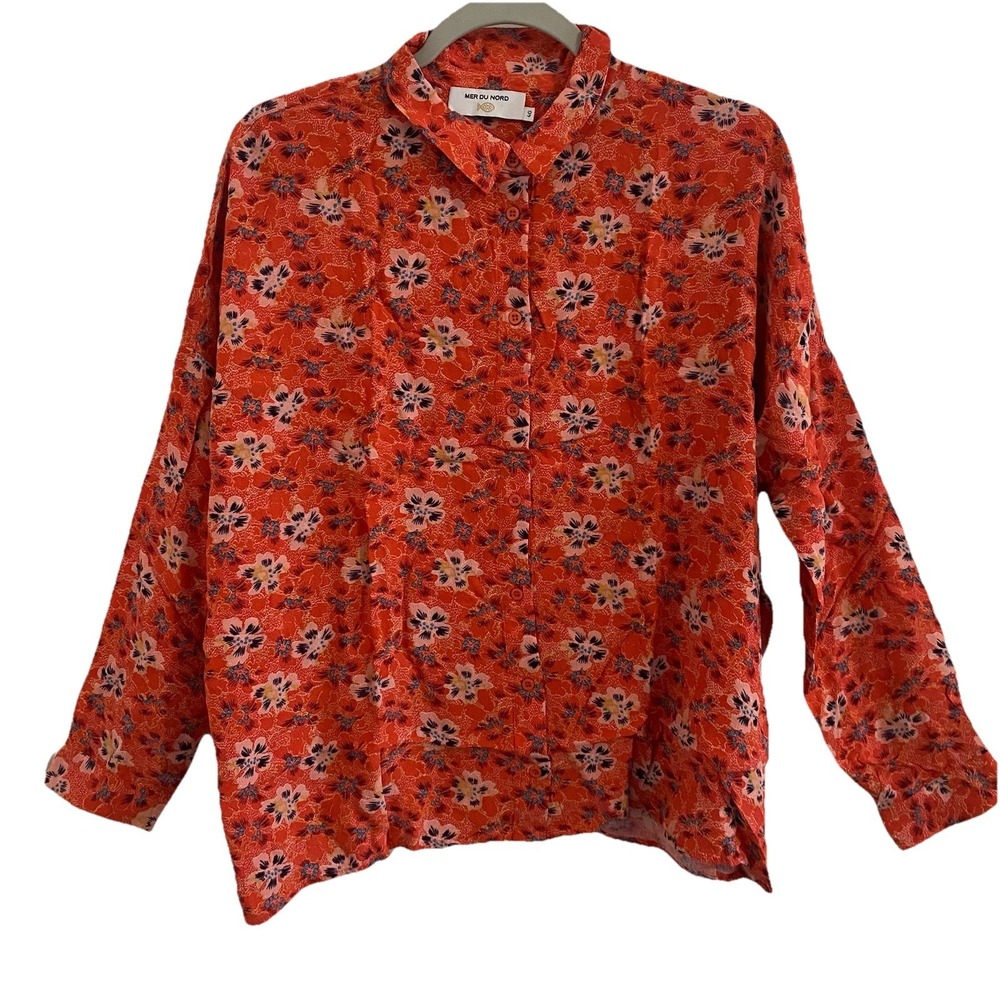 Mer Du Nord Women 40 Floral Blouse Shirt Viscose Button Long Sleeve Orange
